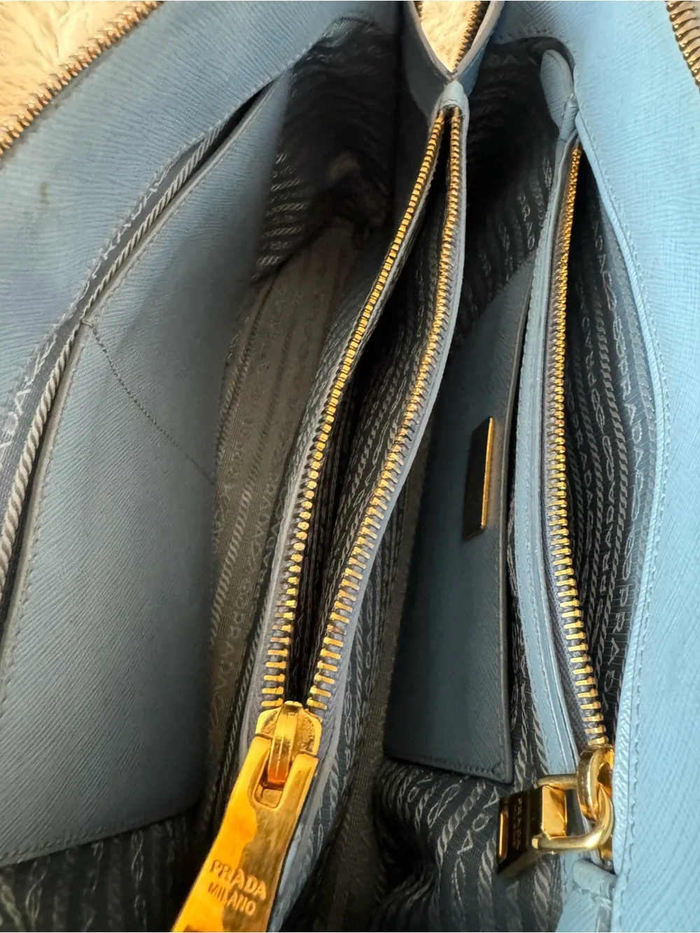 Prada Light Blue Saffiano Leather Satchel with Gold Hardware